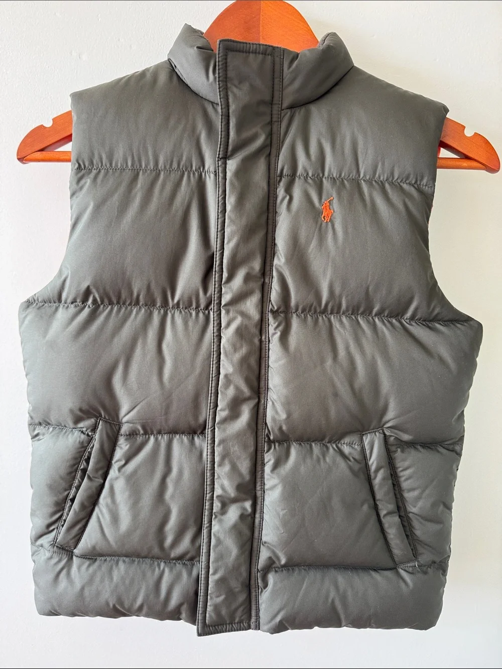 Ralph Lauren Boys Olive Green Quilted Puffer Vest with Orange Polo Pony